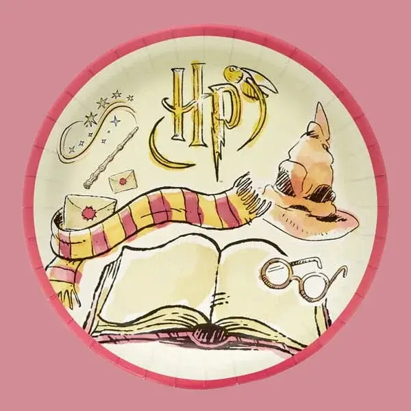 Harry Potter themed party plate featuring Hogwarts-inspired illustrations, a sorting hat, wand, scarf, glasses, and spellbook artwork.